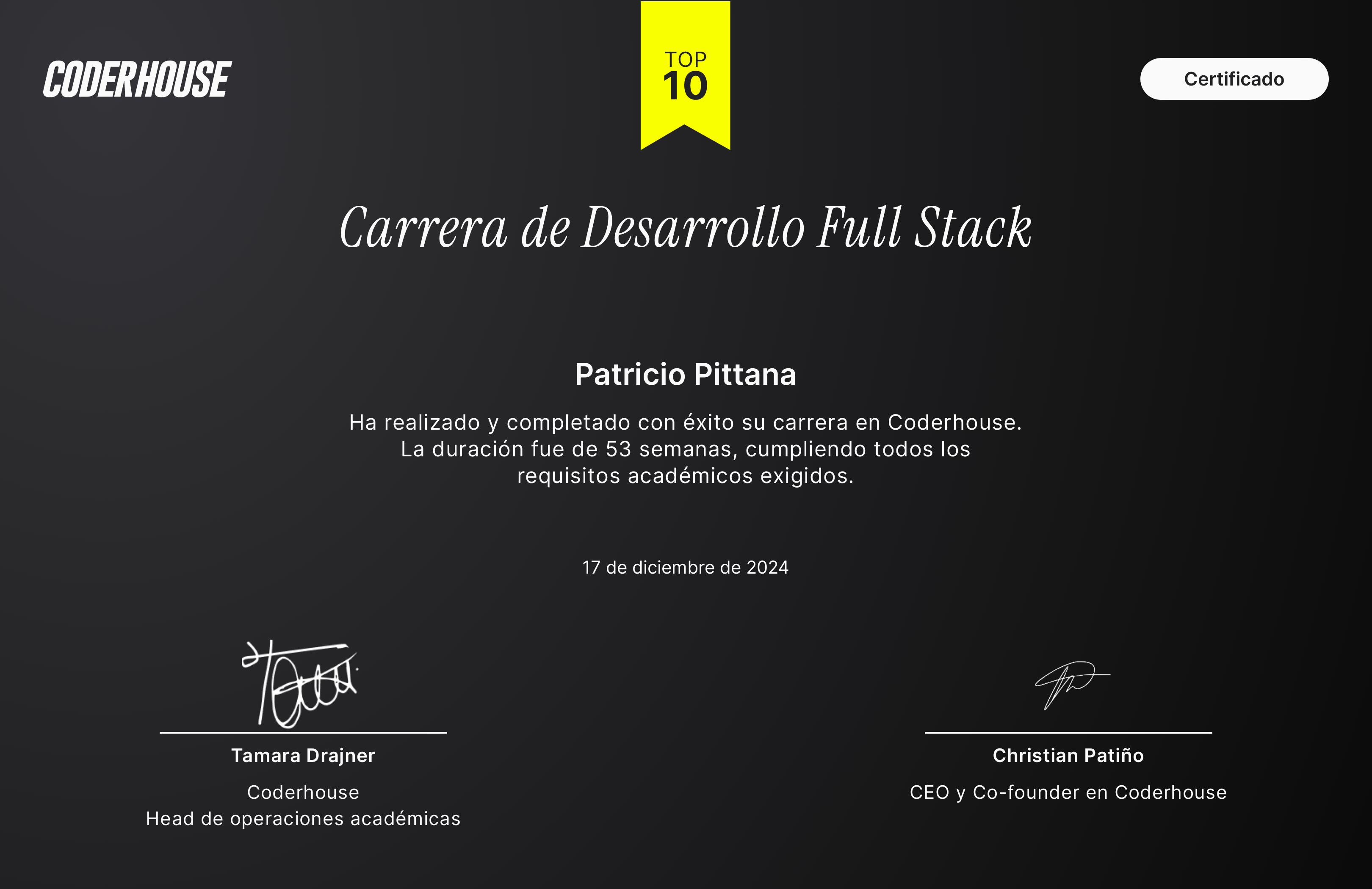 Graduado como FullStack Developer